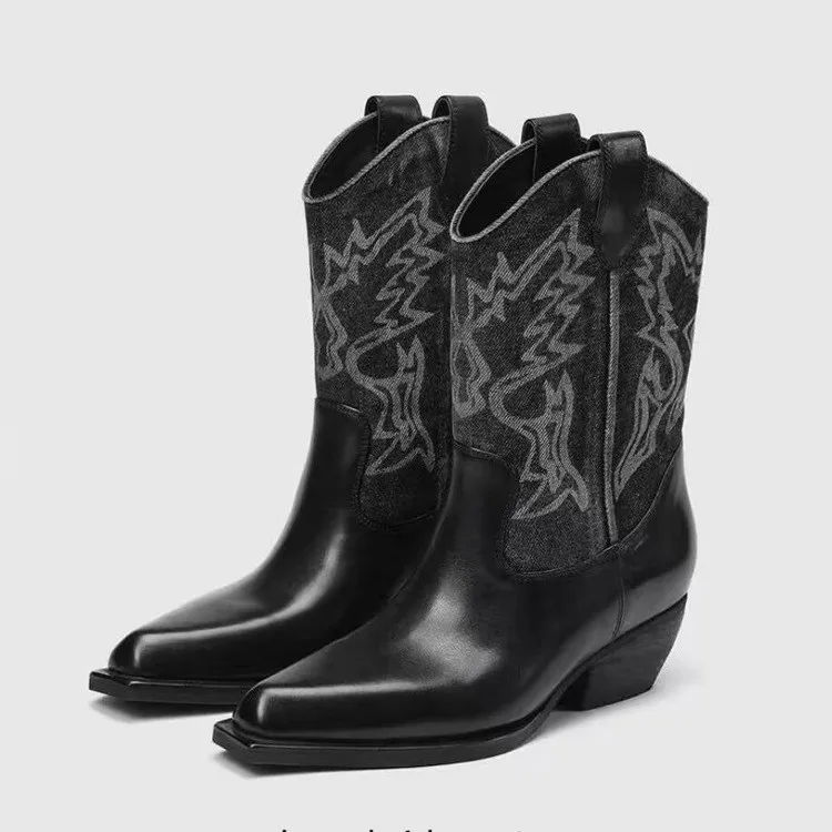Cowboystiefel Damen Herbst spitze Stiefel mit dickem Absatz Stickerei farblich passende Retro-Ritterstiefel mit mittlerem Schlauch