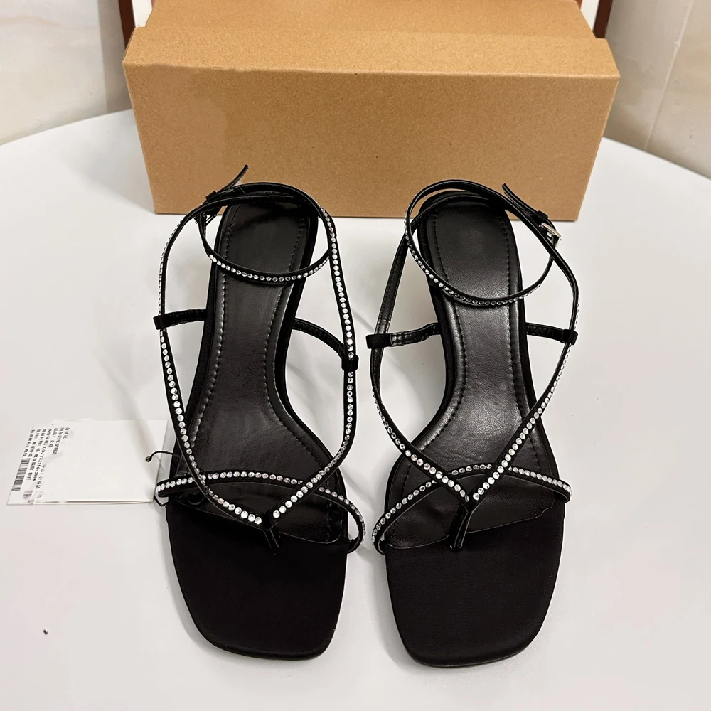 Zafetou Women's Sandals 2024 Summer New Style Water diamond temperament elegant square toe with exposed toes heels Woman shoes