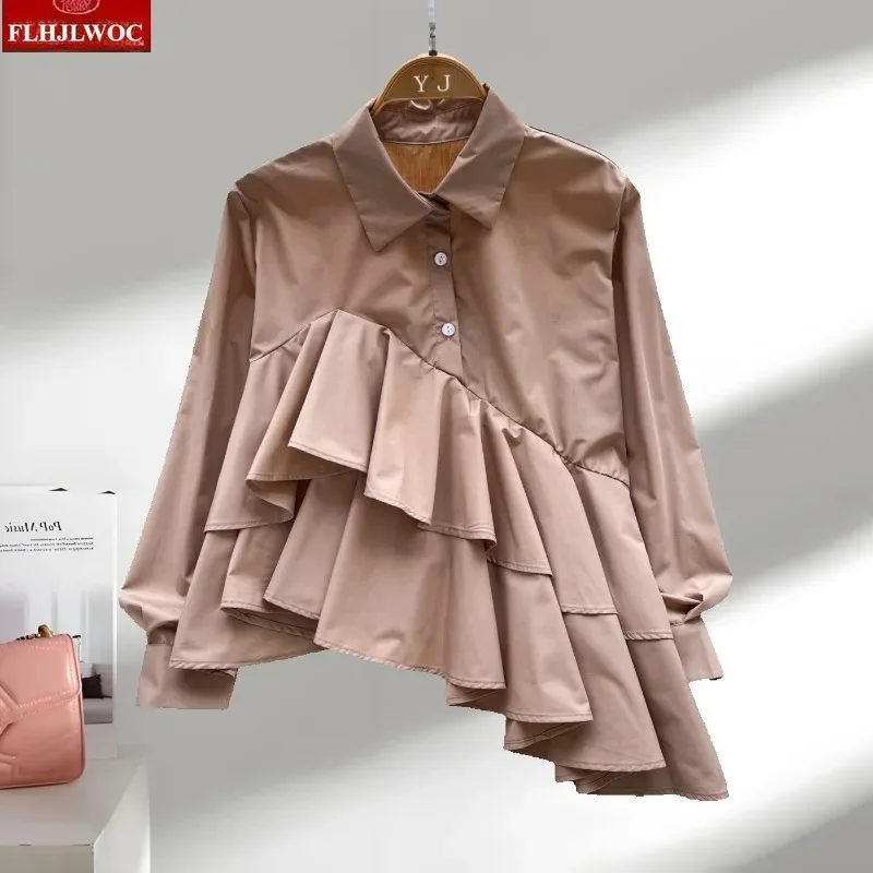 French Design Ruffles Tops Blouses New 2026 Spring Summer Cute Girls European Style Long Sleeve Irregular Solid White Shirts view 5