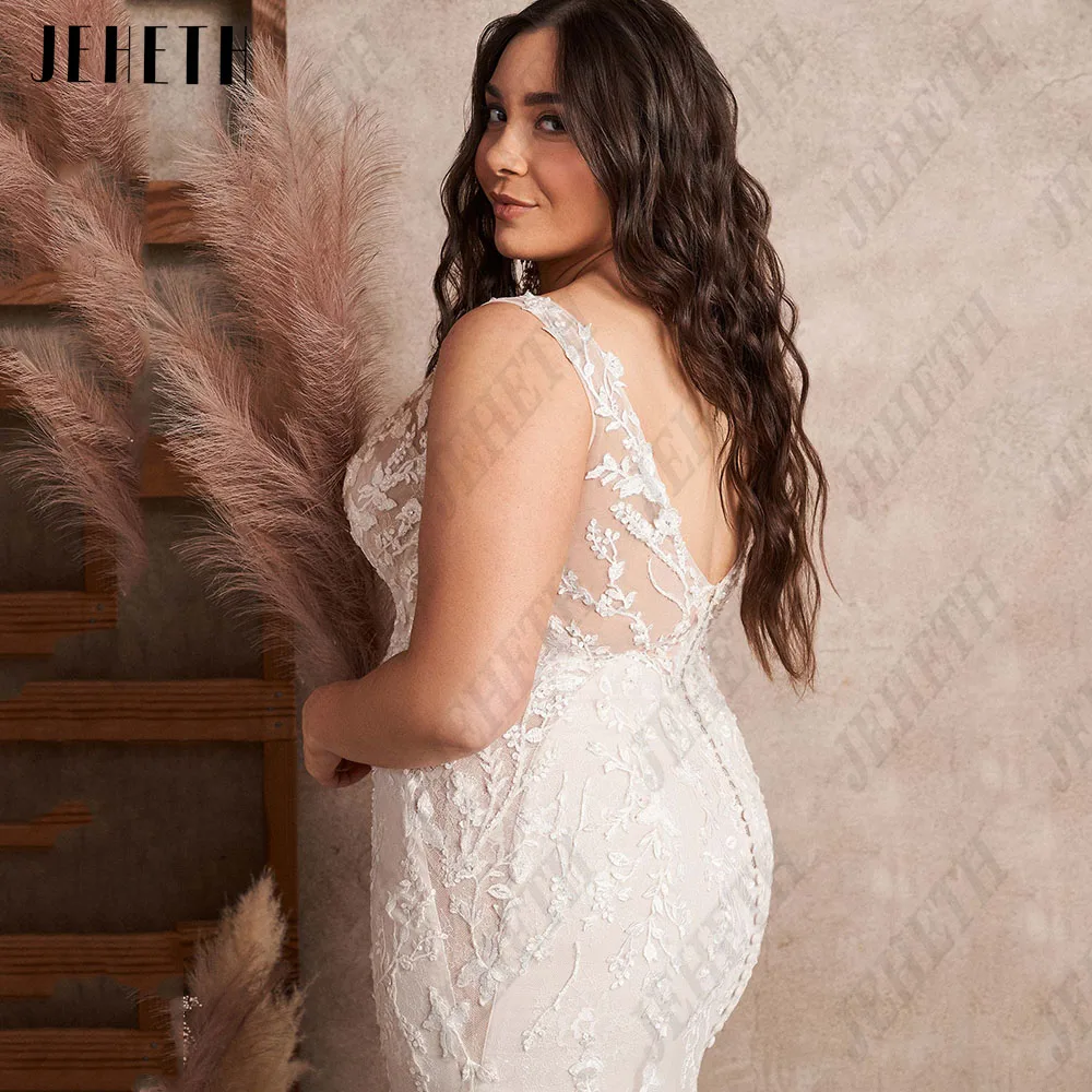 JEHETH Civil Wedding Dress For Bride Mermaid Sleeveless V-Neck Backless Bridal Gowns Exquisite Plus Size Applique Robe De Mariee