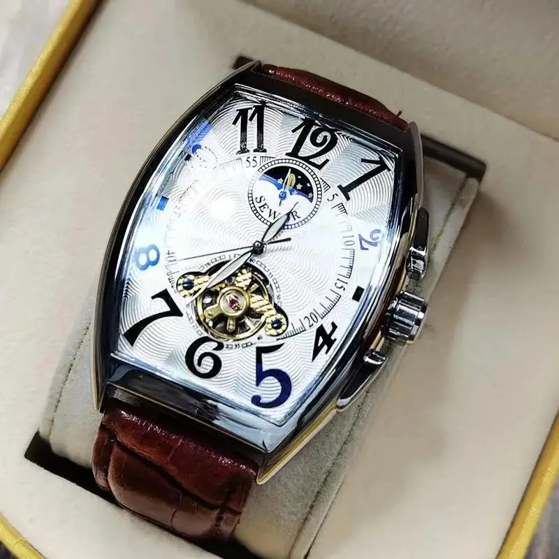 

Luxury Gold Tourbillon Watch Men Fashion Tonneau Dial Mechanical Watches Men Leather Band Automatic Mechanical Wristwatches Men