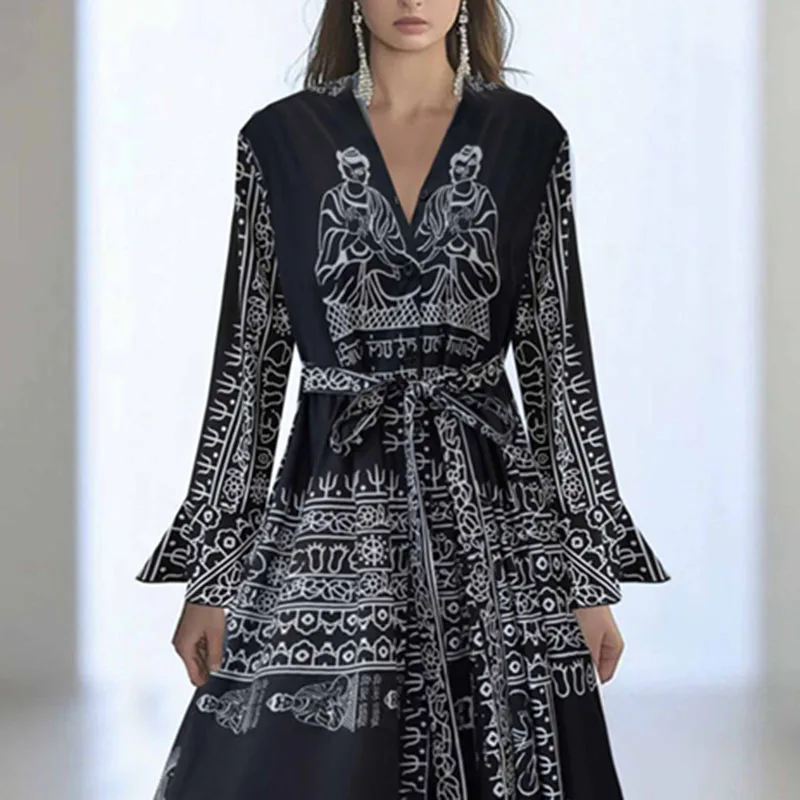 ชาติพันธุ์ Retro รูปแบบพิมพ์หลวมชุดยาวผู้หญิงฤดูใบไม้ผลิ V คอเอวสูง Tie-up ชุดฤดูใบไม้ร่วงแขนยาว Boho Maxi ชุด