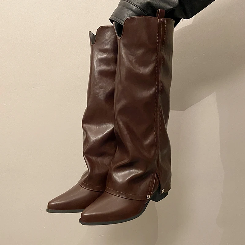 

Женские высокие сапоги до колена, модная обувь на высоком каблуке, дизайнерские зимние сапоги на массивном каблуке, новинка 2025 года, уютный готический челси Botas De Mujer