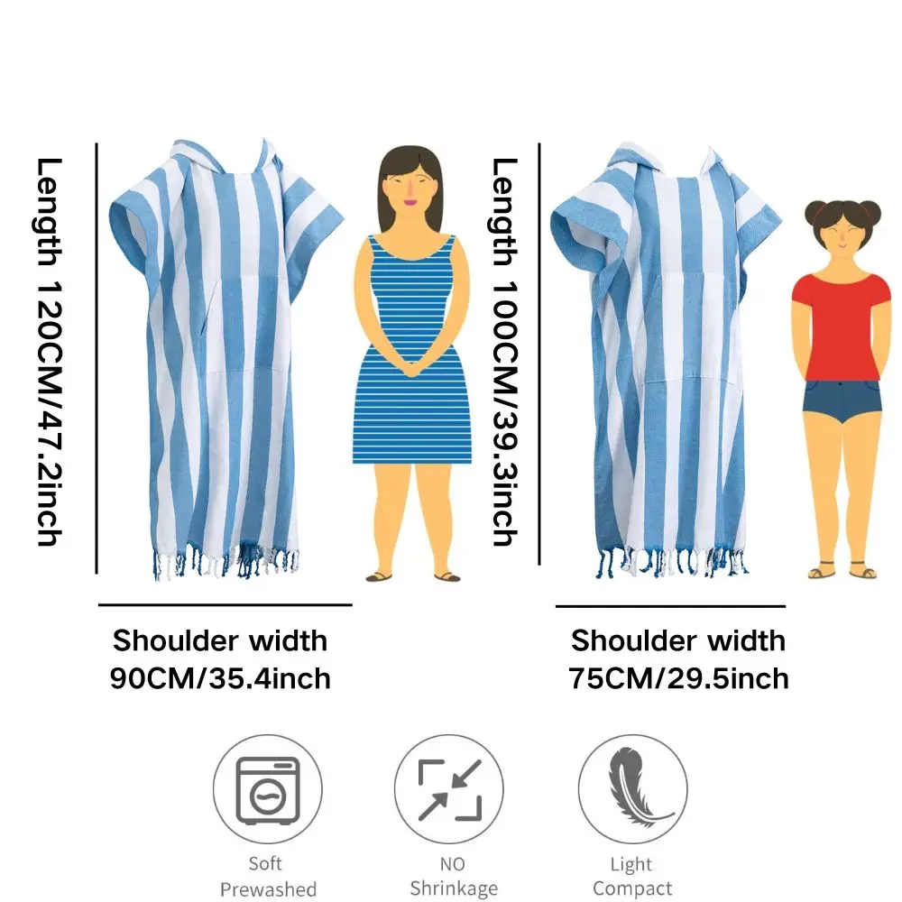 Wearable Turkish striped beach towel, sandproof and quick-drying, 100% cotton surf poncho bathrobe, hooded wetsuit changing robe