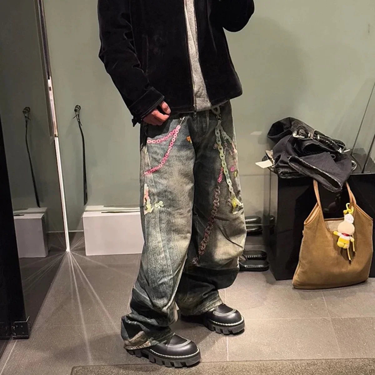 스트리트 캔디 체인 3D 프린트 헐렁한 청바지 남성용 Ropa Hombre 스트레이트 루즈 캐주얼 데님 바지 하라주쿠 카고 바지