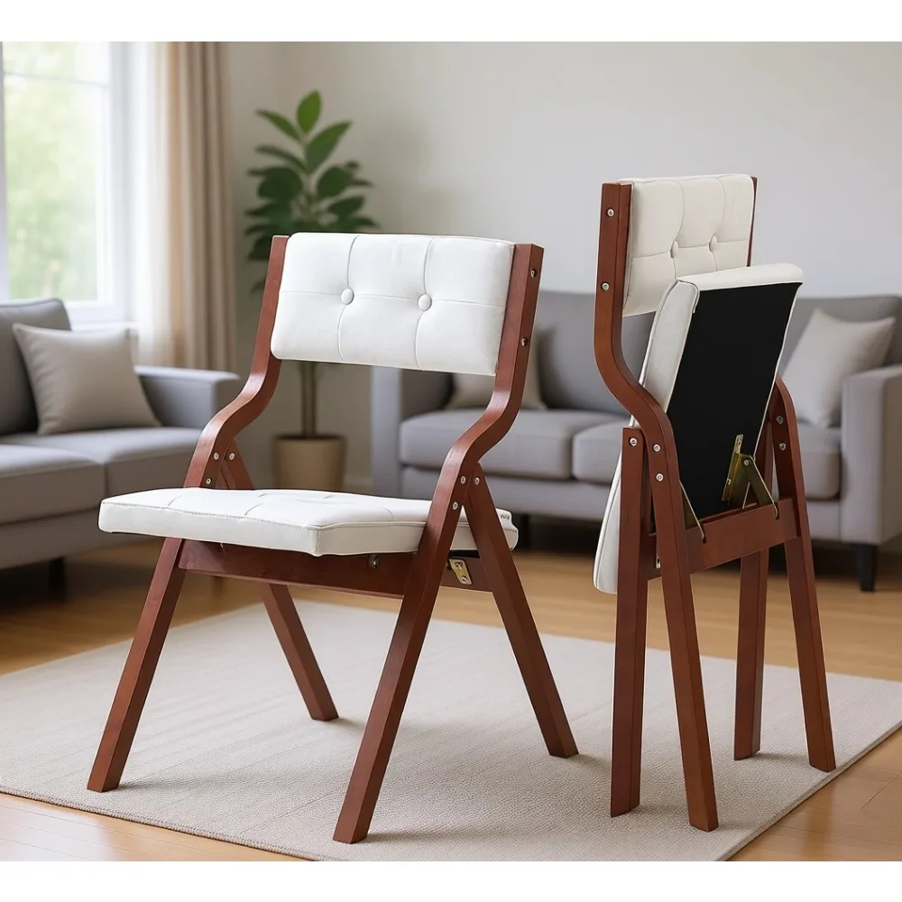 Wooden Folding Chairs with Cushion, Set of 2, Portable Cushioned Chairs for Various Settings, White