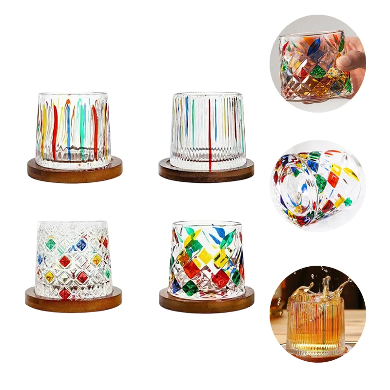 1Set High Quality Glass Hand-painted Decoupage Swirling Whisky Glass Home Bar Party Creative Beer Mug with Wooden Coasters