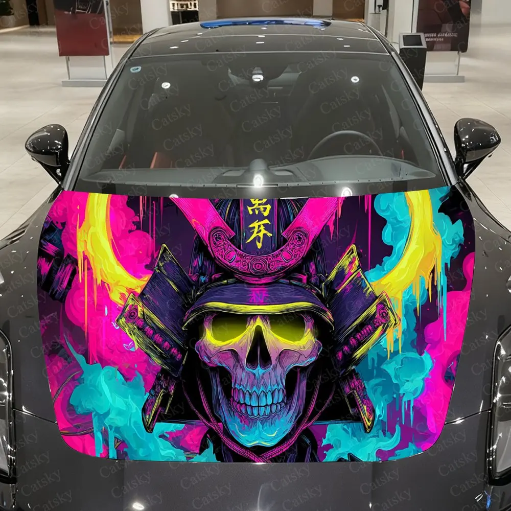 

Неоновая виниловая пленка для автомобиля с изображением Кибер-черепа Самурая, водонепроницаемая наклейка на капот автомобиля из ПВХ, самоклеящиеся устойчивые к царапинам наклейки