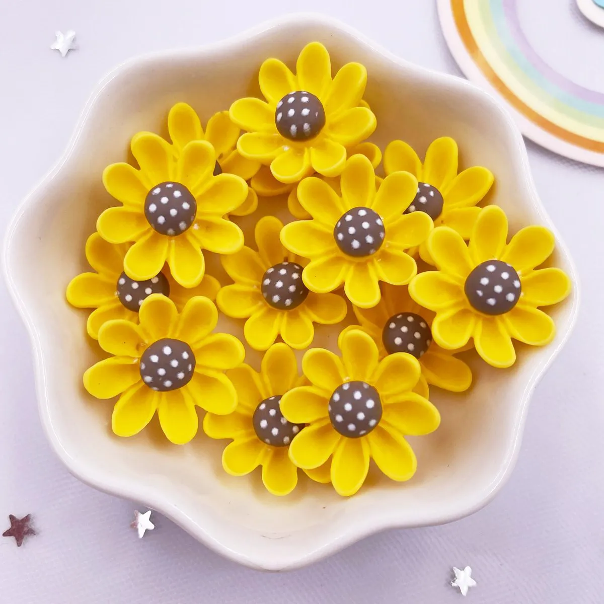 Resin 20mm  Colorful Painted Yellow Flower Flat back Stones Scrapbook 3D Garden Figurines 20PCS DIY Bow Decor Accessories Crafts