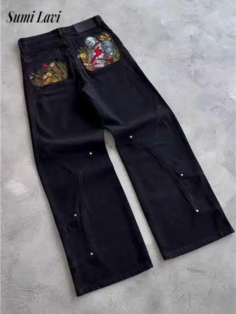 

Stylish Men's Embroidery Denim Trousers 2025 Autumn Winter New Casual Patchwork Jeans For Men Vintage Loose Straight Jean Pants