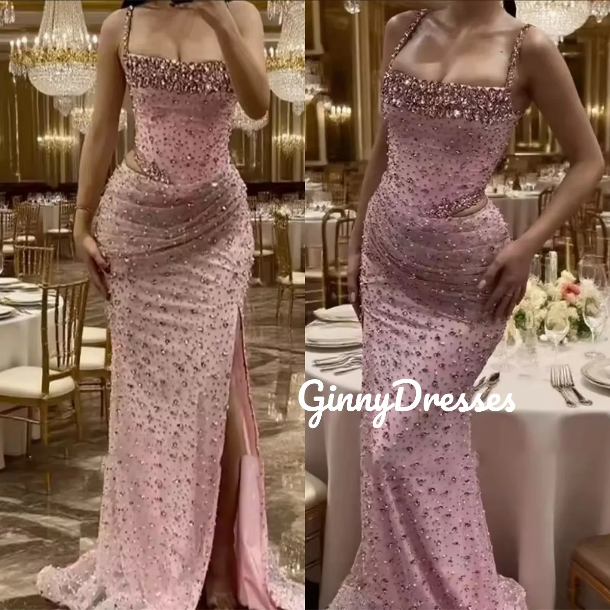 

A-Line Split Customize Ruffle Evening Dress Square Neckline Floor-Length Dresses For Special Events Zipper Up Sleeveless Cocktai