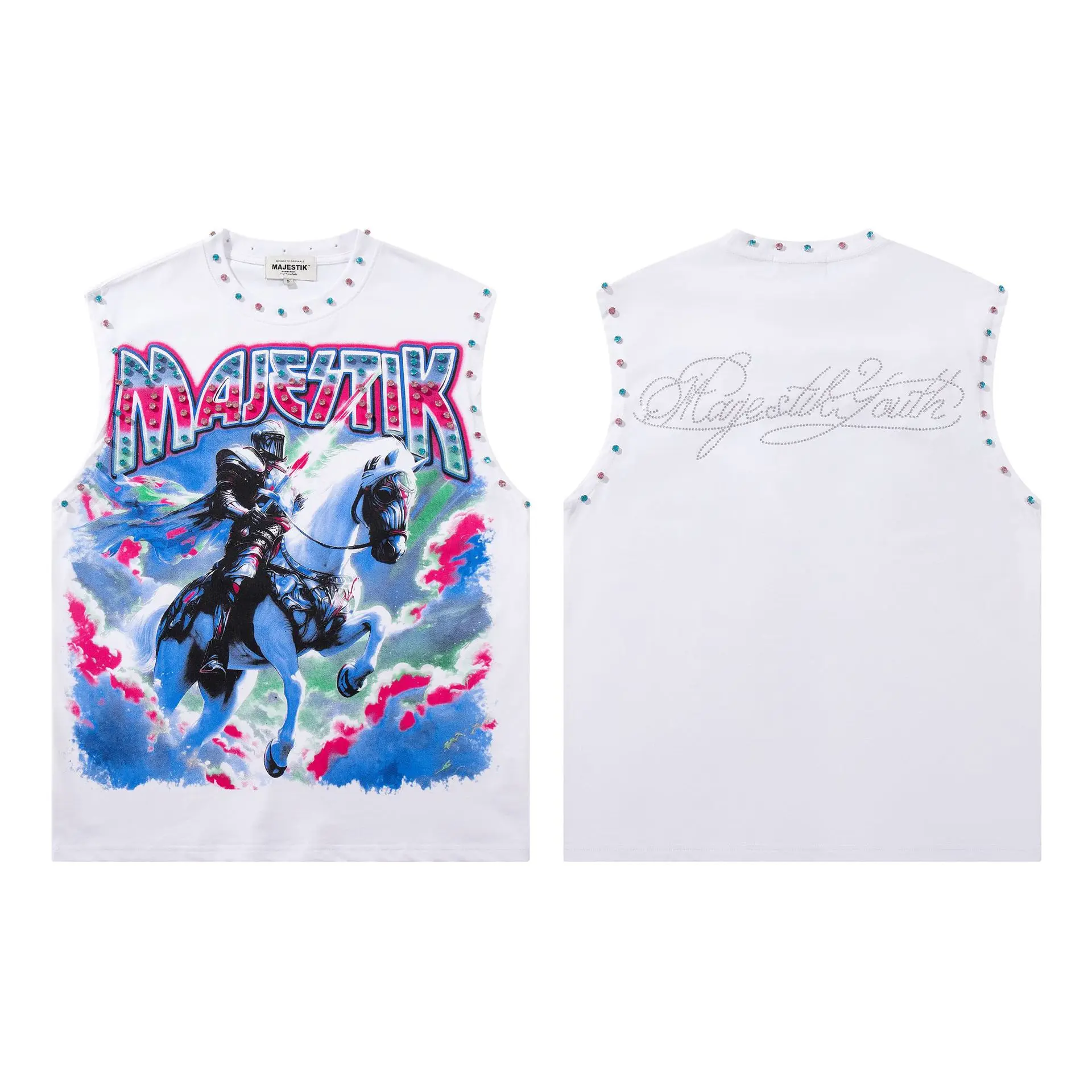 MAJESTIK Retro Graffiti Street Skull Directly Printed Denim Blouse Weathered Loose Beaded Sleeveless T-shirt
