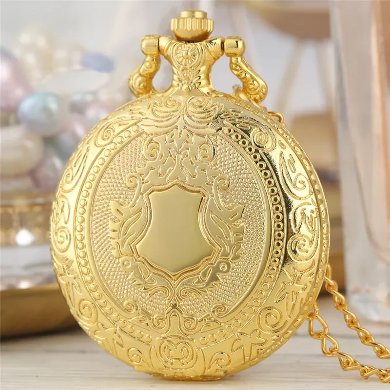 

Retro Silver/Gold Carved Shield Design Clock Men Women Quartz Analog Pocket Watch Arabic Number Dial Necklace Chain Timepiece