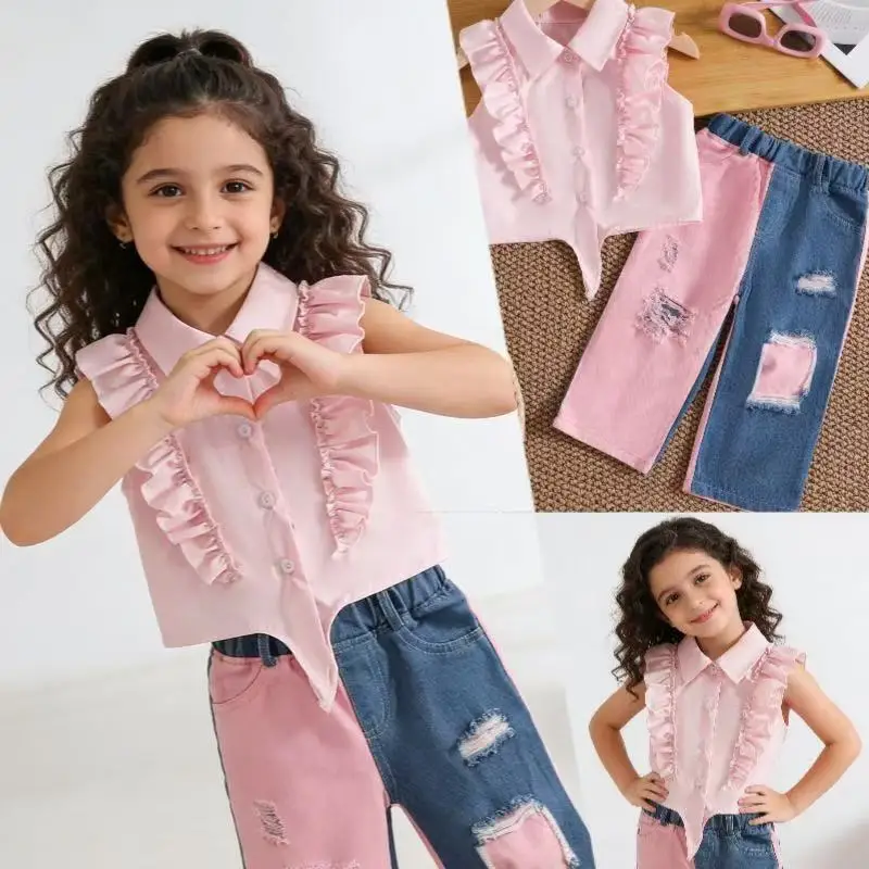 

Spring Summer New Arrival Kids Girls Pink Lapel Sleeveless Shirt Color Block Ripped Jeans 2PCS Fashion Children Clothing Set