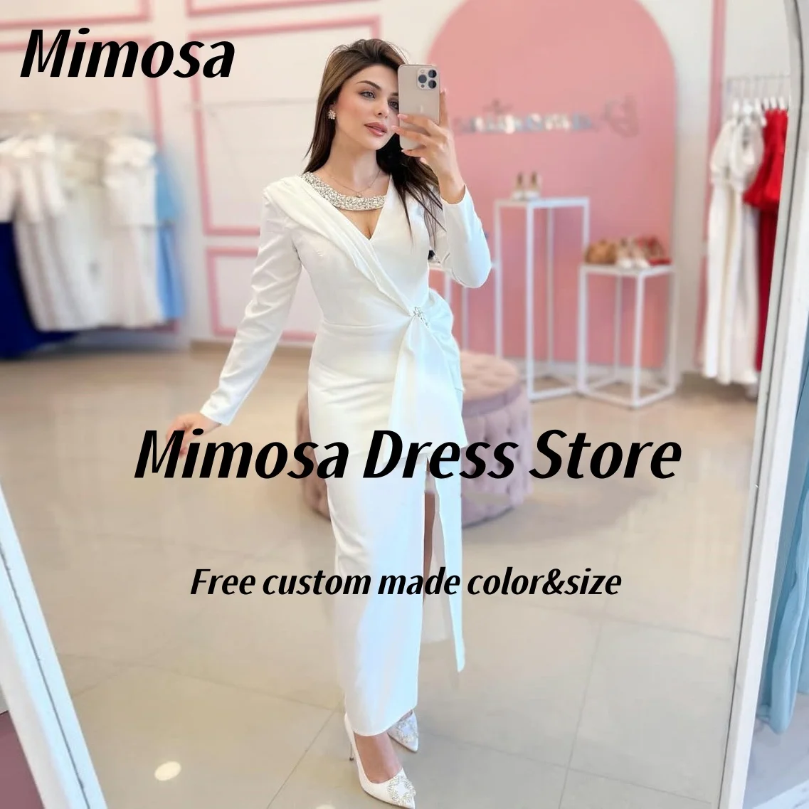 

Mimosa Ankle Length Side Slit Prom Dresses Beaded V Neck Long Sleeves Evening Gowns Zipper Back платье на выпускной Customized