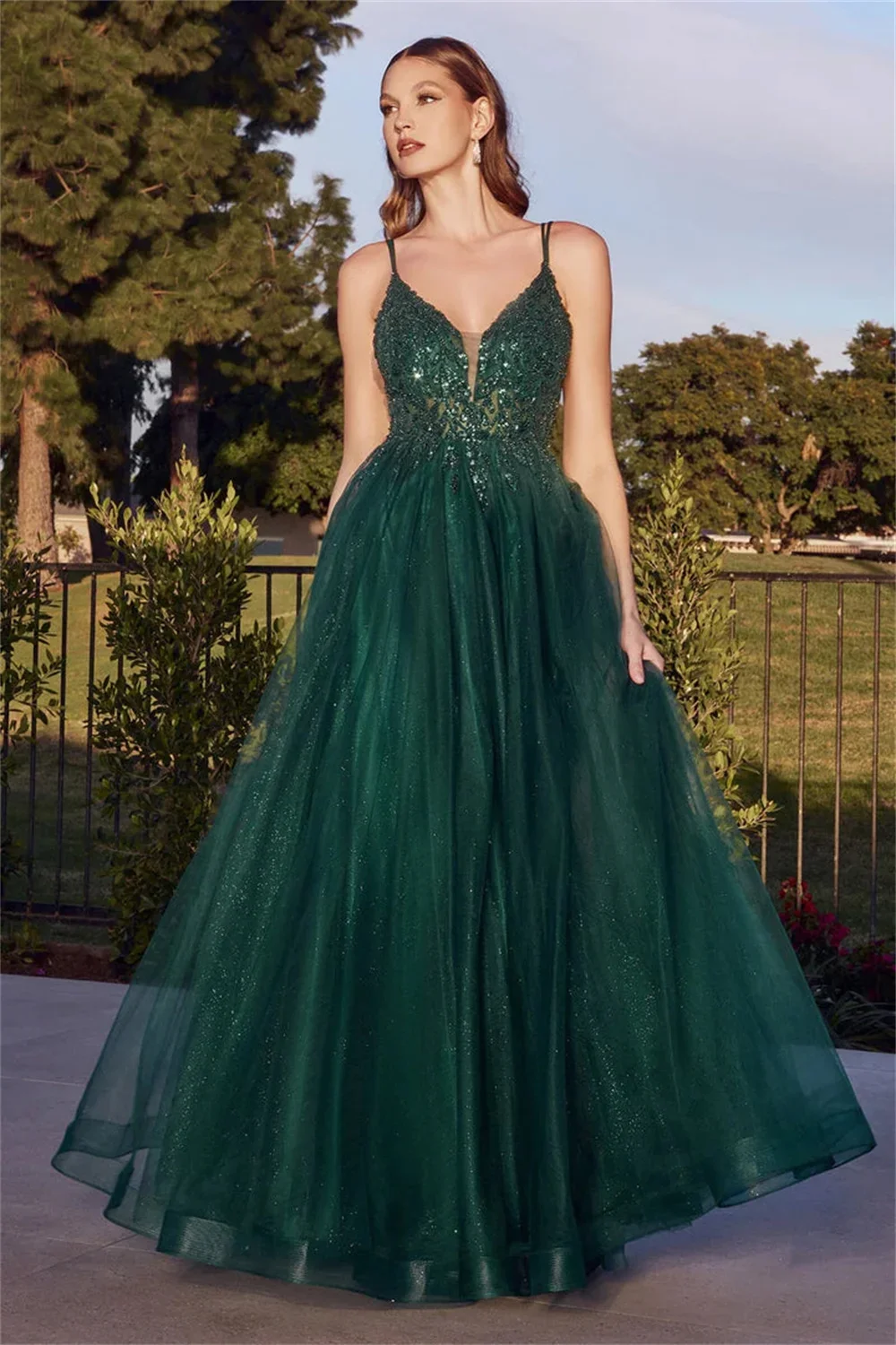 

Spaghetti Straps V-Neck tulle Prom Dresses Lace Appliques Sheer Corset Sleeveless Formal Ball Gowns A-line Long Evening Gowns