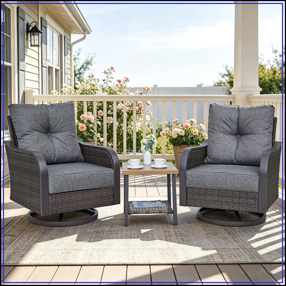 Wicker Swivel Rocking Chair Set with 6 Inch Cushions, Grey