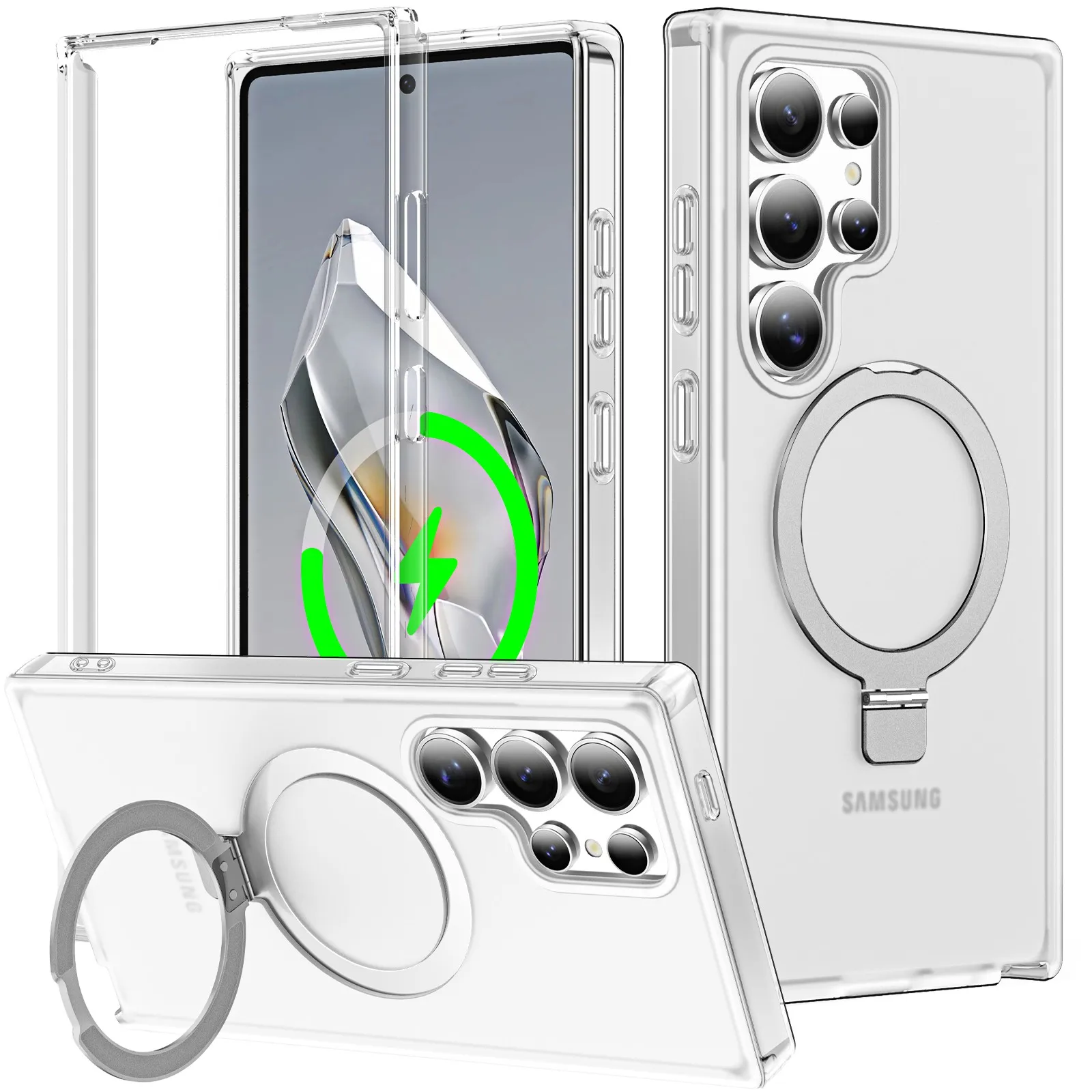 For Samsung Galaxy S25 Ultra/S25 Plus Case with Magnetic Invisible Ring Stand, Compatible with Magnetic, Translucent Matte Case