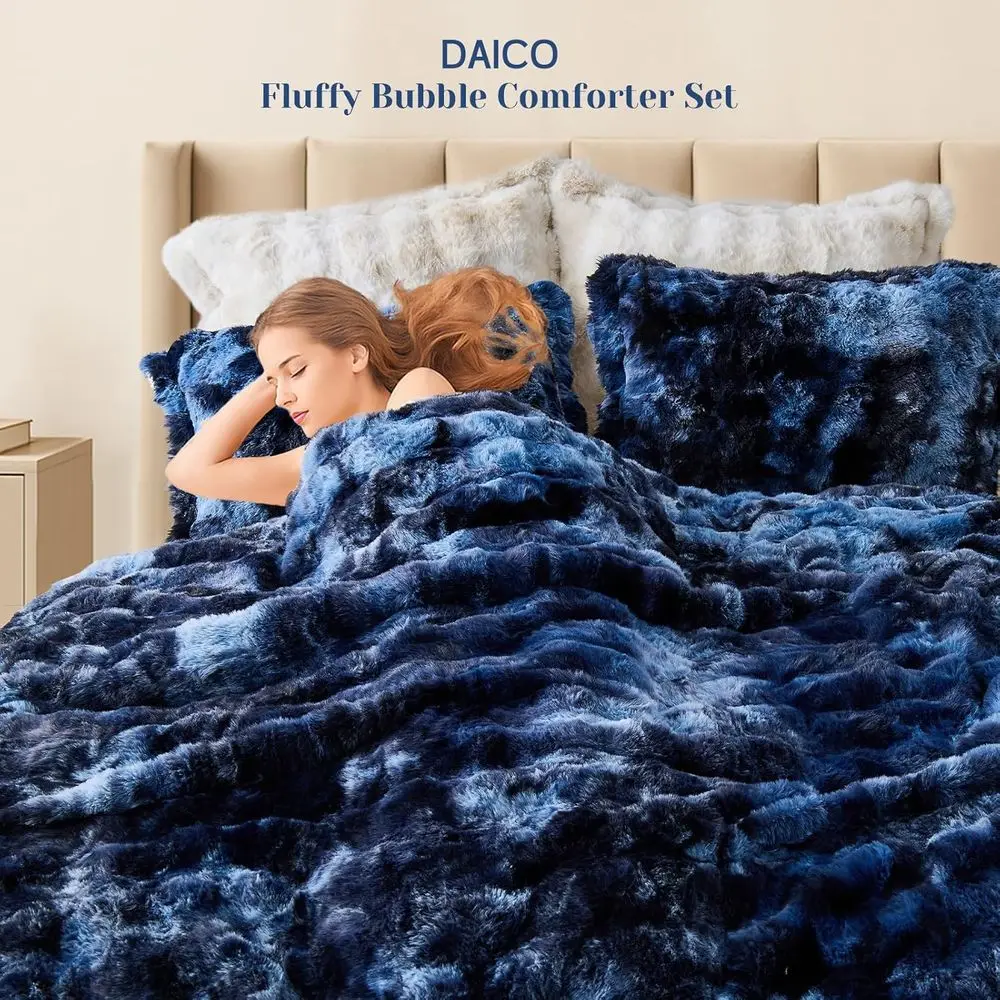 Komplet pościeli Queen Size Tie-Dye Navy z imitacji futra królika: pluszowa, ciepła i przytulna pościel na zimę