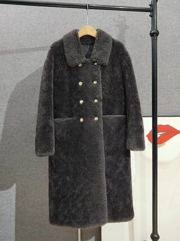 Cappotto da donna Moda 100% lana Giacca lunga Doppio petto Vestibilità ampia Casual Office Lady Inverno Caldo risvolto Tosatura delle pecore Soprabito