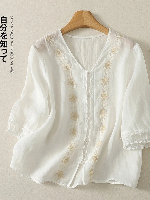 Retro V-neck Embroidered Shirt Five-quarter Sleeve Breathable Single-button Large Size Korean Japanese Style Artistic Loose Fit 3