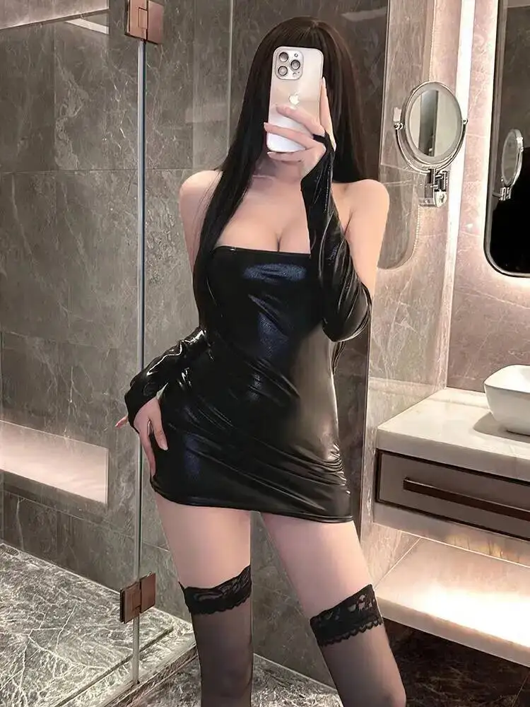 Abito sexy in pelle verniciata Puro desiderio Giovane donna Tentazione Abito uniforme caldo elegante mini abito serbatoio caldo sexy coreano NBM8