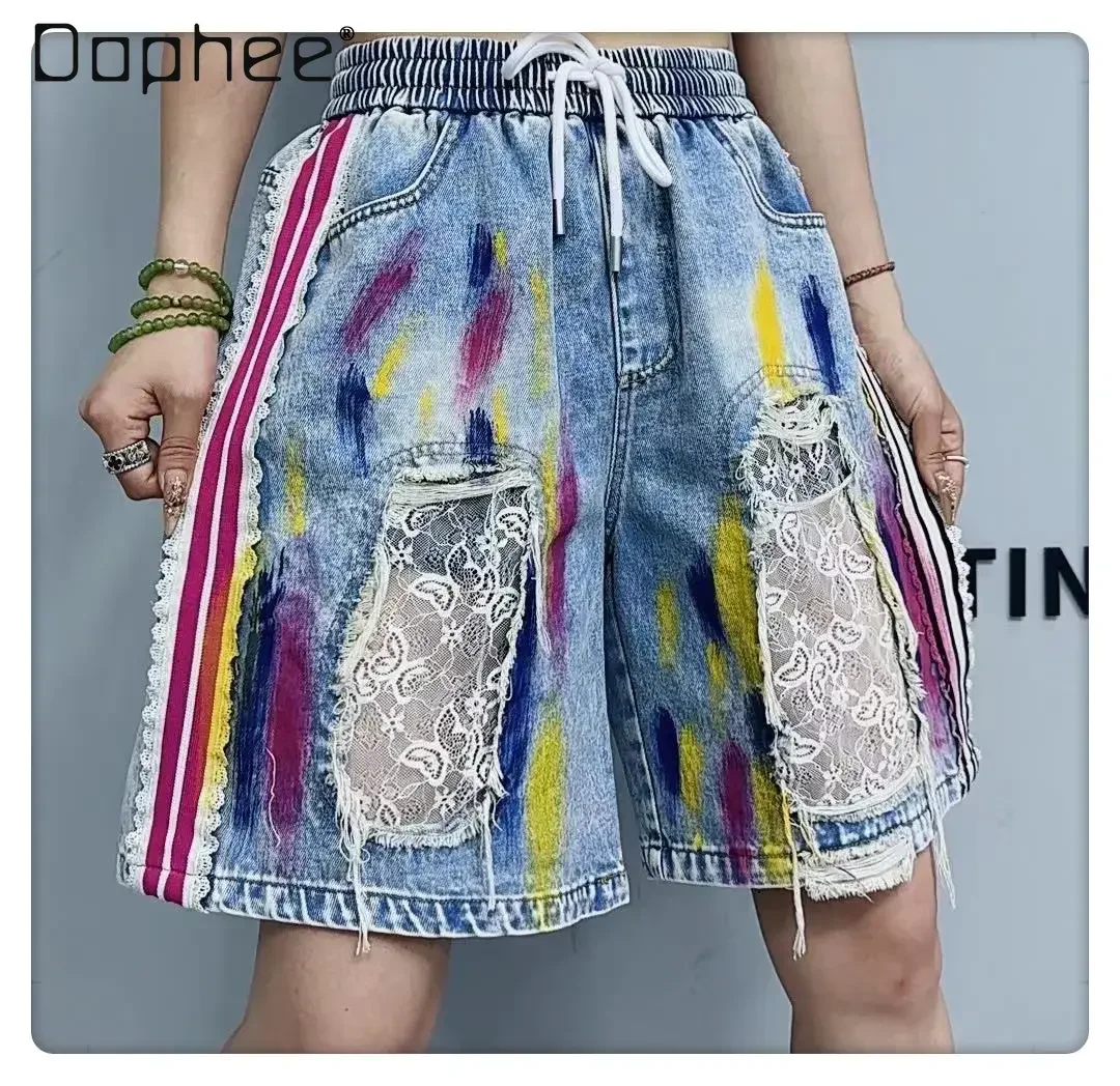 

European Denim Five-point Pants Women's 2025 Summer New Heavy Industry Graffiti Painting Splicing Lace Tide Brand Shorts Female
