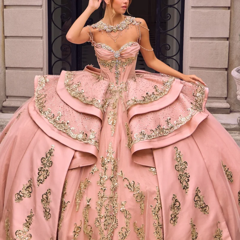 Satin Pink Quinceanera Dress Gold Sequins Crystal Decal Long Tail off-shoulder Layering Bow Vestidos De 15 Quinceanera ﻿Customiz