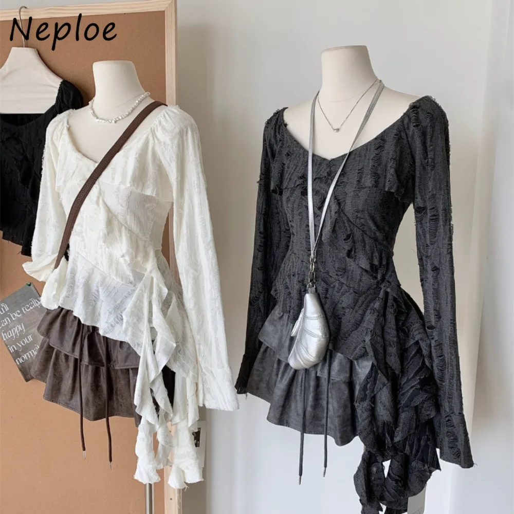 Neploe الكشكشة الجوف خارج غير المتماثلة سليم تي شيرت 2025 جديد الحلو حورية البحر شبكة Ropa Mujer سبايس بنات مثير جديد عصري Y2K البلوزات #1