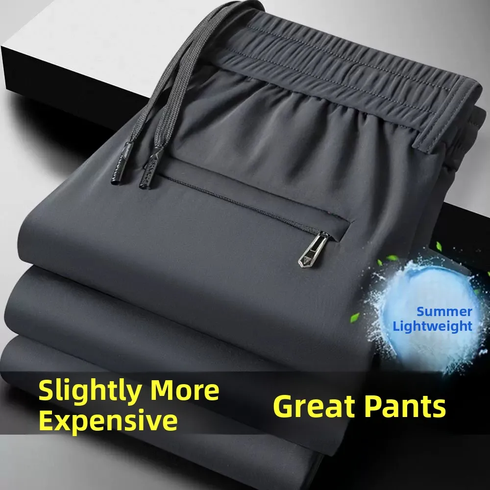 Ultra-Thin Ice Silk Quick-Dry Casual Pants Men's Summer Loose Sport Straight Zipper Pocket Long Trousers Breathable Wear