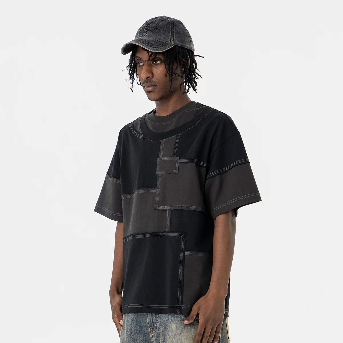 Men's Fashion Patched T Shirts High Street Personality Tees With Patchwork Streetwear Loose Fit Y2K Hip Hop Short Sleeve Tops