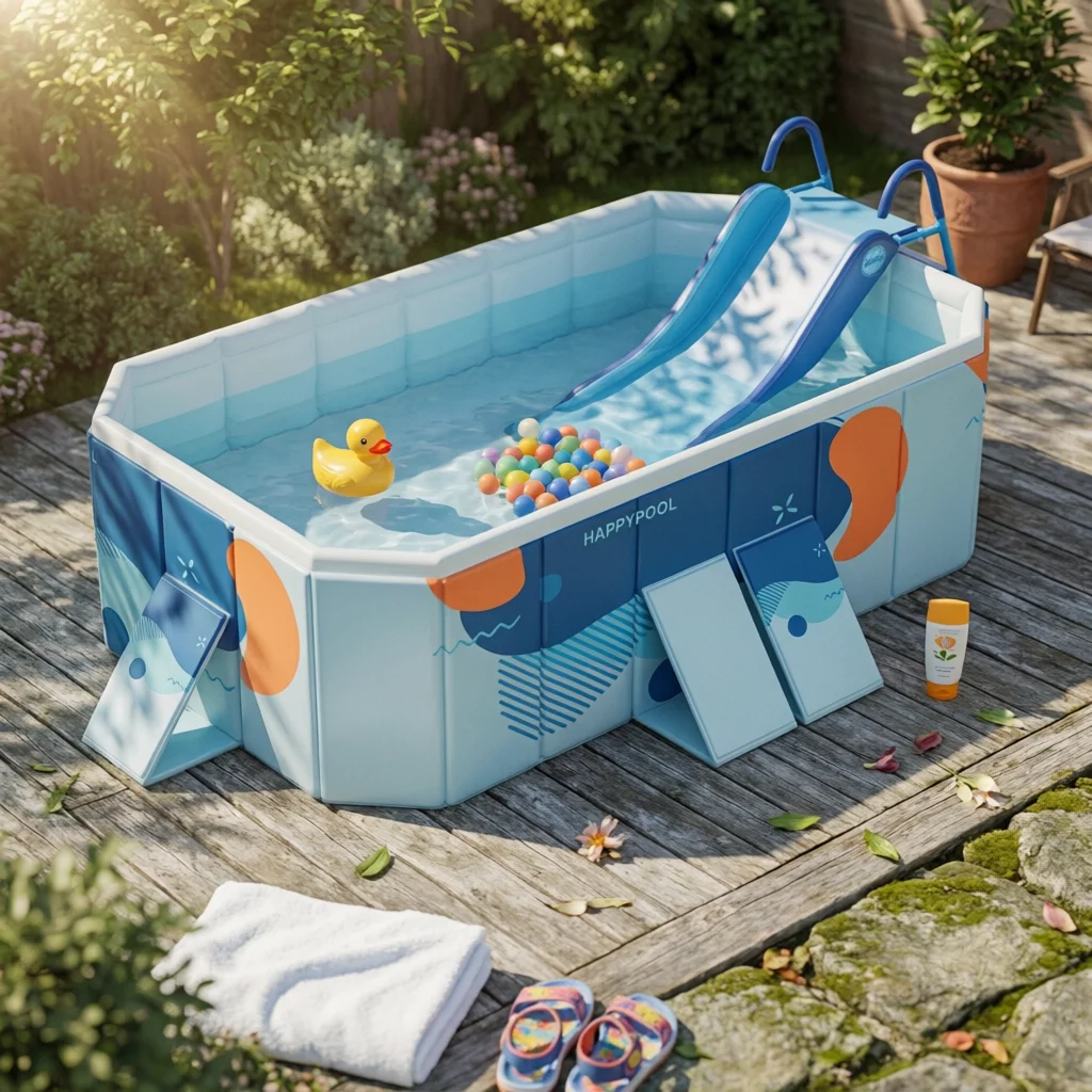 Pool with Slide Portable Non-Inflatable Pool Large Compact for Children, Backyard, Garden