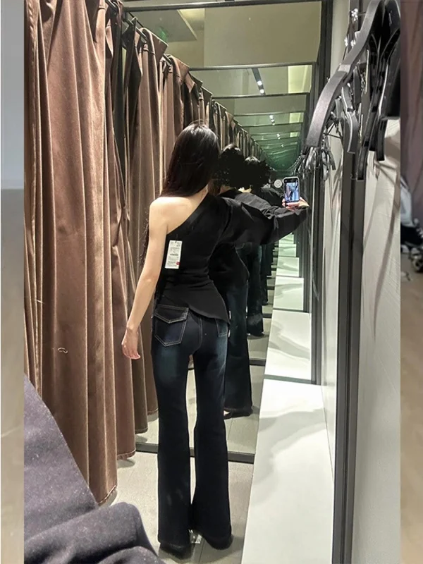 Jeans a Zampa d'Elefante a Vita Alta da Donna, Primavera Estate, Vintage, Slim Fit, Elasticizzati, Lunghezza Pavimento, Stile Americano