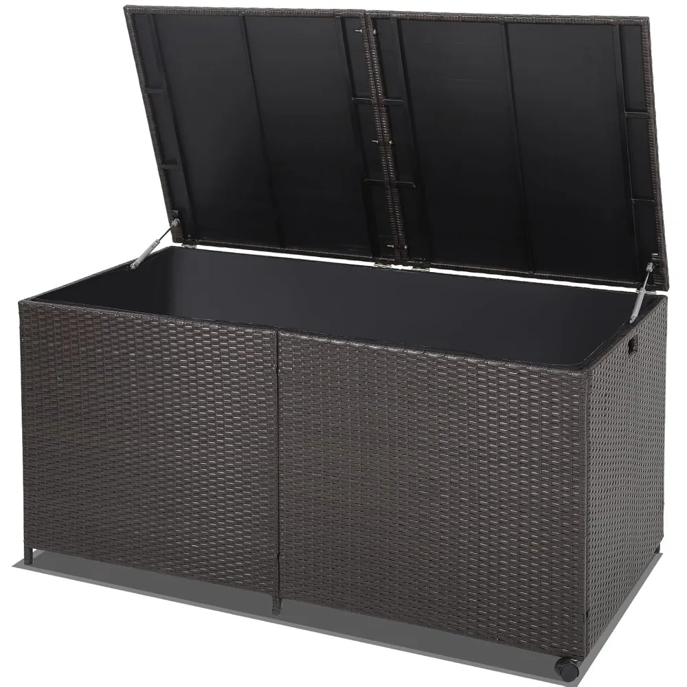 175 Gallon Outdoor Rattan Deck Box, Wicker Storage Bin with Zippered Liner & 2 Universal Wheels, Safe Pneumatic Rod