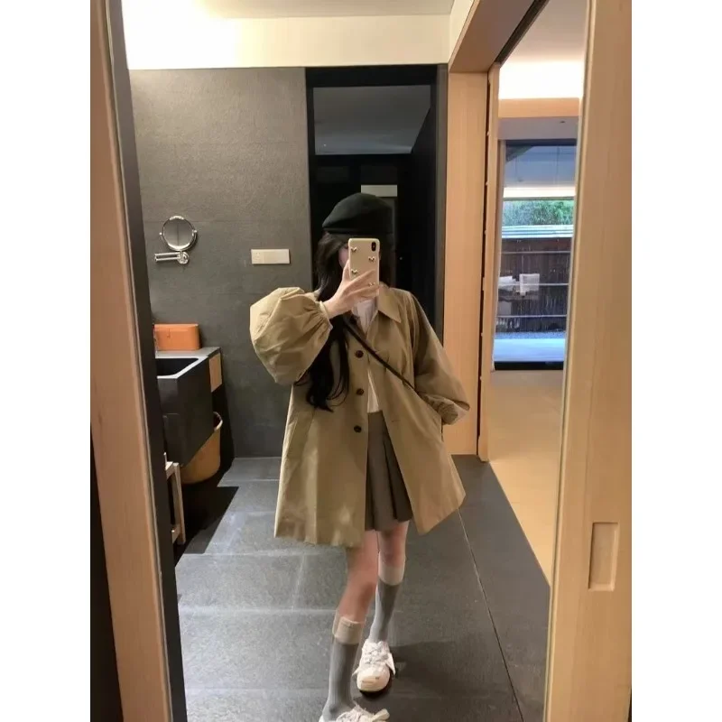 Khaki Puff Sleeve Trench Coat Female 2024 Spring and Autumn New Style Loose Little Fellow Fallow Mid-length Style Jacket Fashion