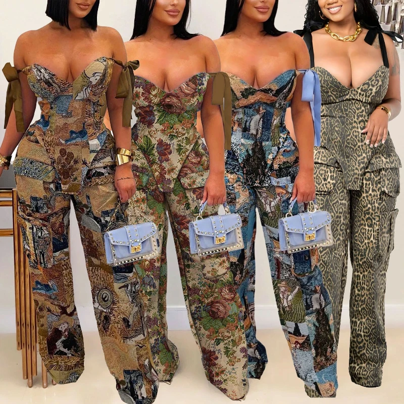 

Pant Set Women Two Piece Sets Drawstring Strapless Matching Sets Sexy Leopard Print Tops Long Cargo Pants High Waist 2025 Y2k
