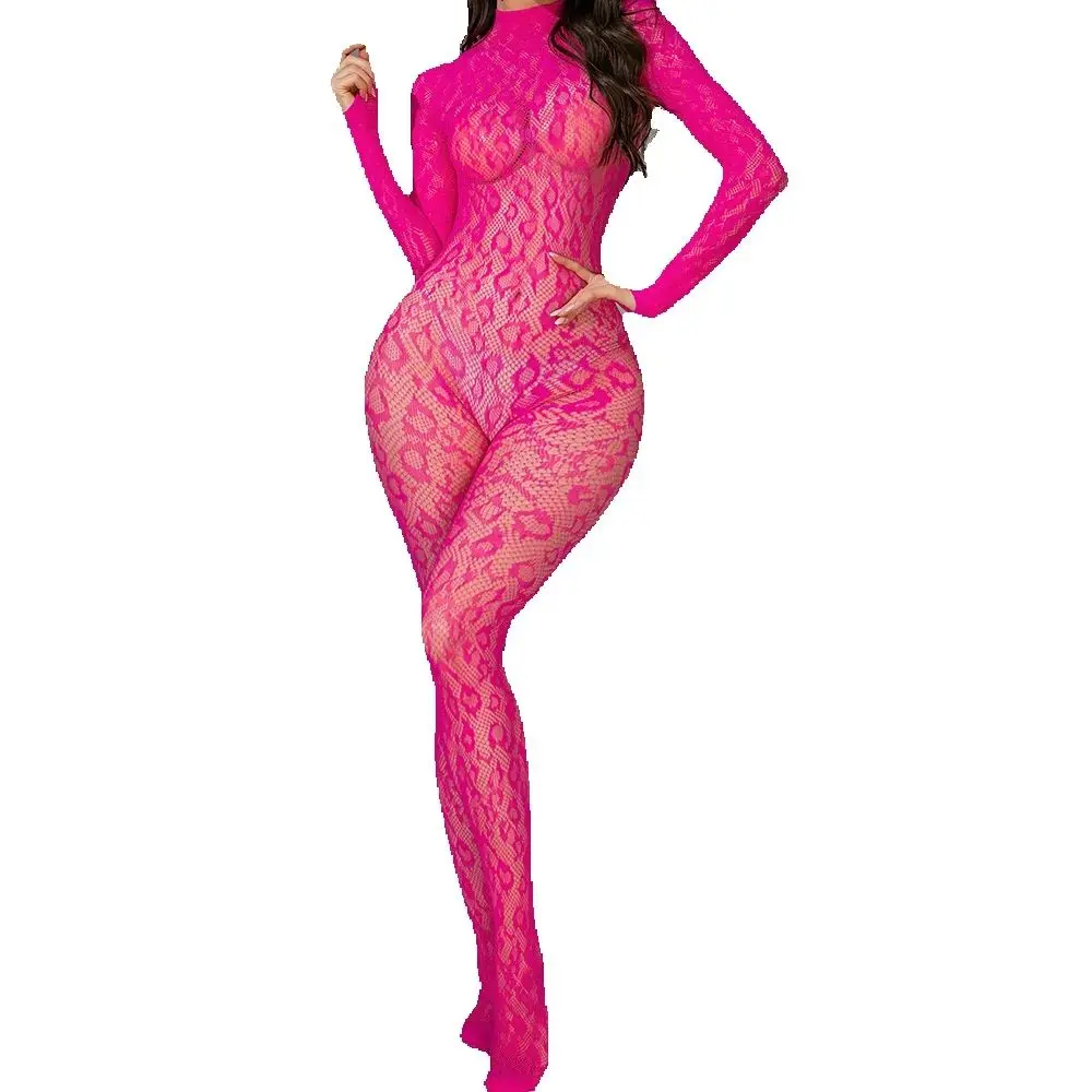 Sexy Lace See-Through Bodysuit Long Sleeve Fishnet Jumpsuits Elastic Night Club Jump Suits for Women Sexy Pole Dancing Overalls