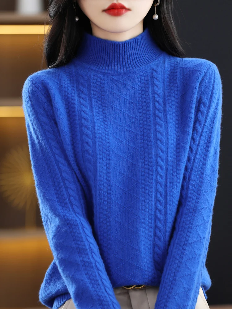 Women Sweater For Winter Thick Warm Long Sleeve Mock Neck Pullover 100% Merino Wool Twist Cashmere Knitwear Korean Fashion New