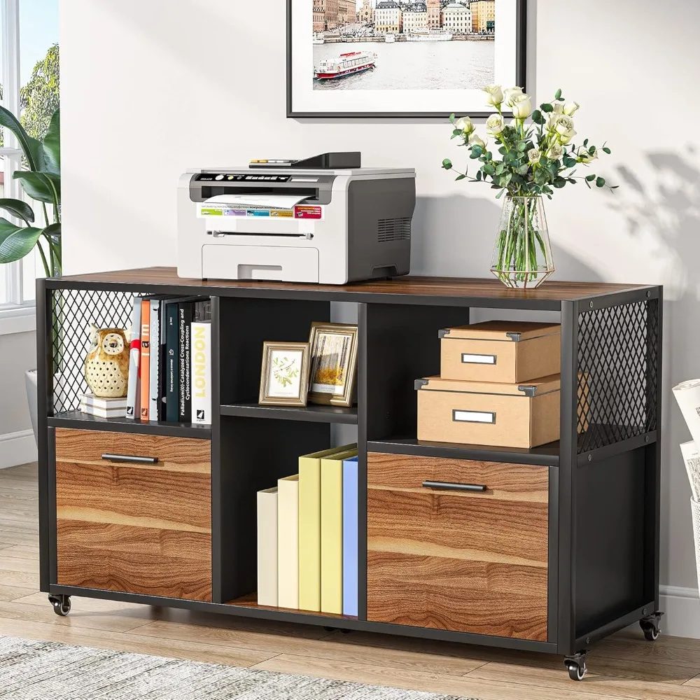 2 Drawer File Cabinets, Mobile Lateral Filing Cabinet for Letter/ A4 Size, Printer Stand with Open Storage Shelves and Drawer