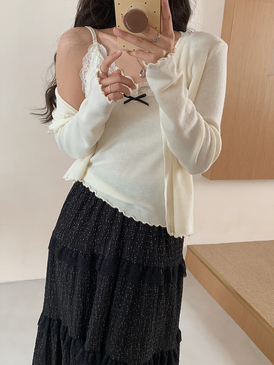 

Женский комплект Uniko: длинный вязаный кардиган и топ-майка, светло-бежевый, весенняя новинка, уникальный дизайн