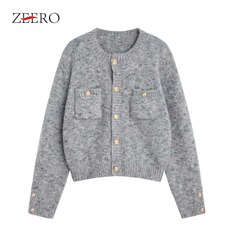 Autumn Winter Women Clothing Golden Buttons Pockets Cropped Sweater Jacket Vintage Temperament Knitting Sweaters Cardigan Tops