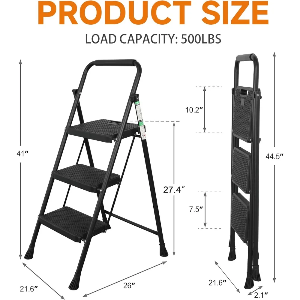 سلم فولاذي قابل للطي بثلاث خطوات مع مشطات مضادة للانزلاق، سعة 500 رطل، محمول وقوي، مثالي للاستخدام المنزلي والورش #4