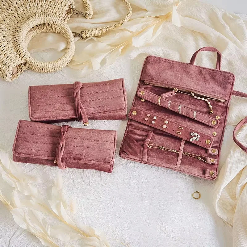 Practical Velvet Travel Jewelry Bag Foldable Portable Jewelr𝐲 Roll Bag with Buckle Rings Necklaces Earrings Organizer