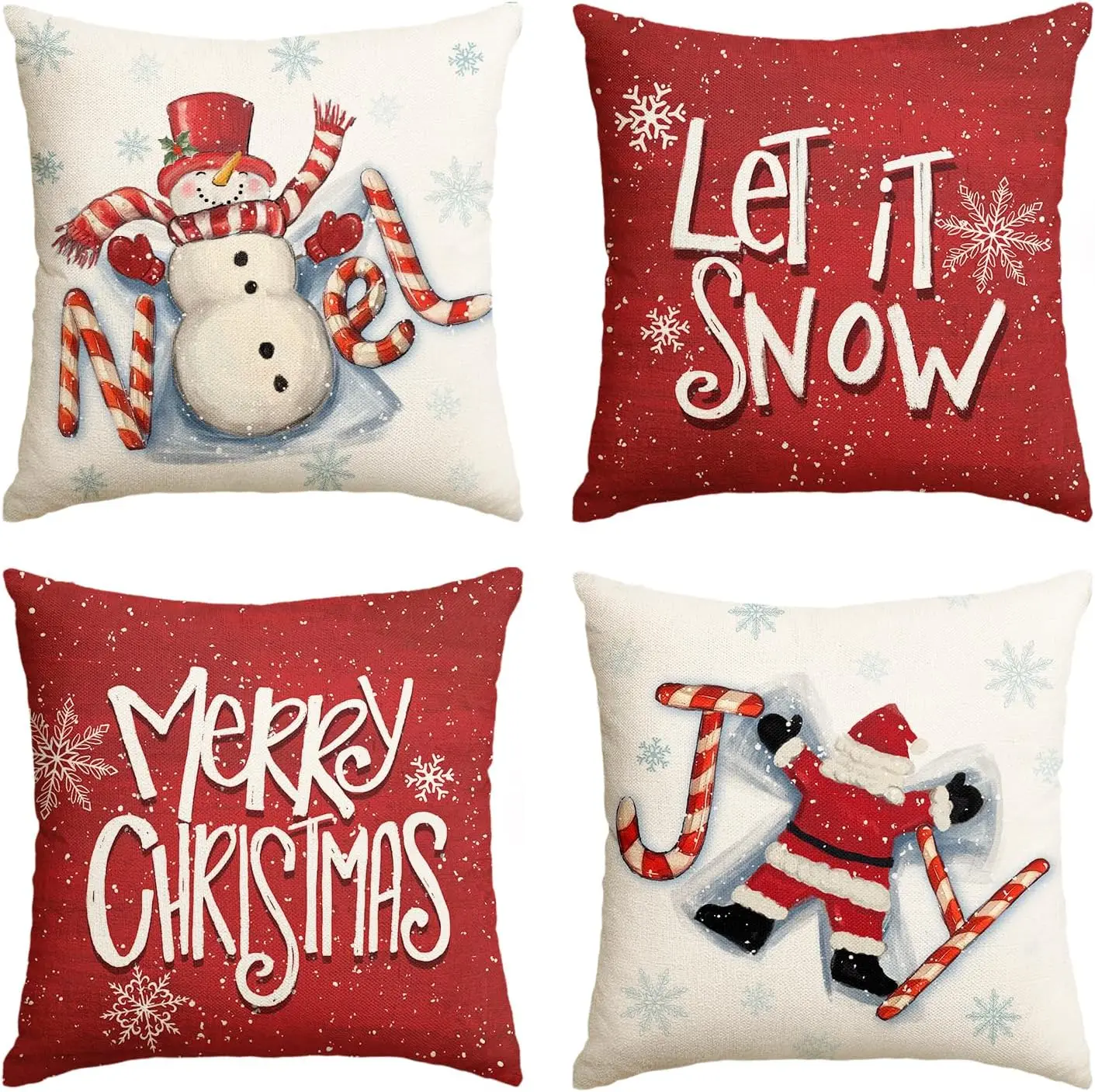 Merry Christmas Snowman Santa Claus Candy Cane Snowflake Throw Pillow Cover, 18x18 Inch Let it Snow Seasonal Winter Holiday