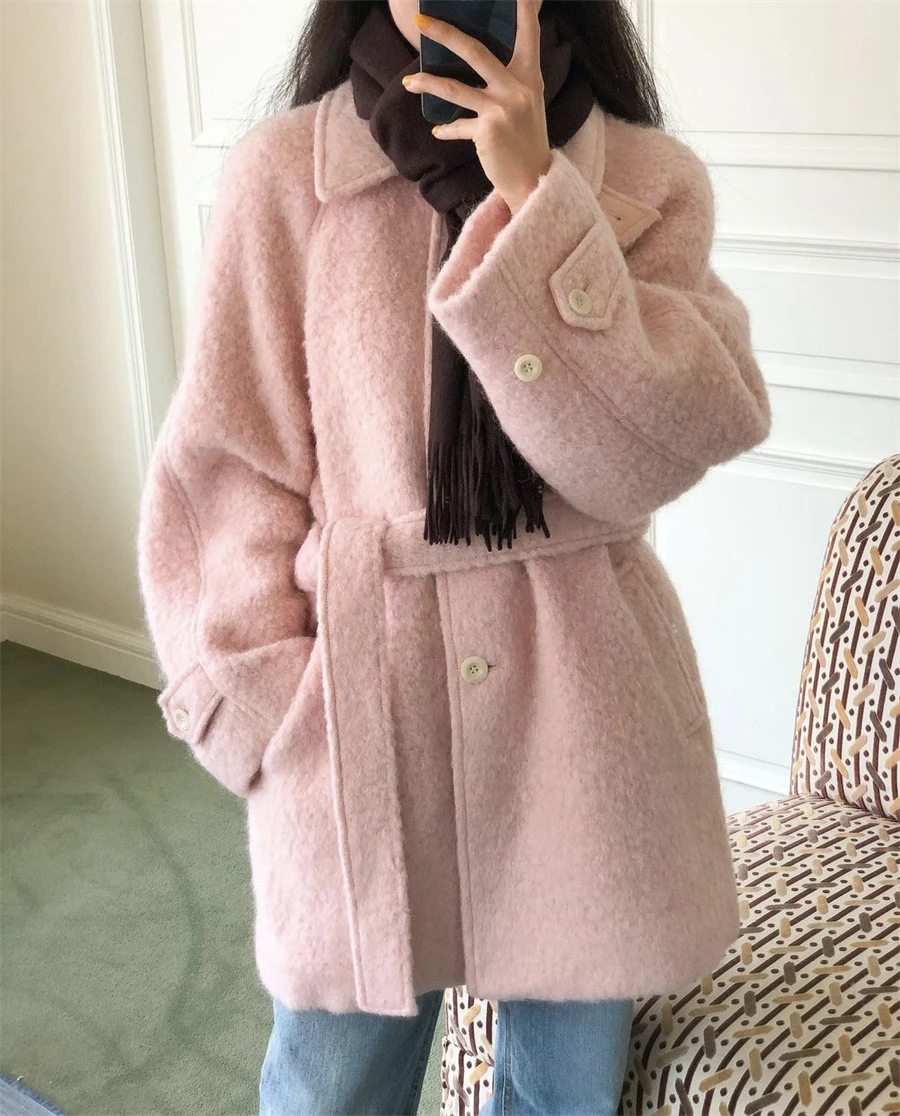 

Warm Woolen Coat with Belt Pink Niblets Pouch Sle Outerwear for Women Spring Autumn Winter Loose Fit Long Sve Button Clo...