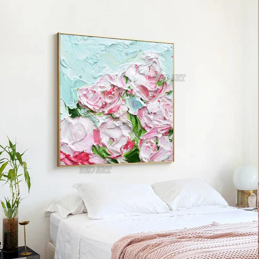 Large Size Palette Knife Oil Painting, Abstract Rose Flowers, Modern Home Decor, Luxury Canvas Wall Art, Office Wall Art Thick