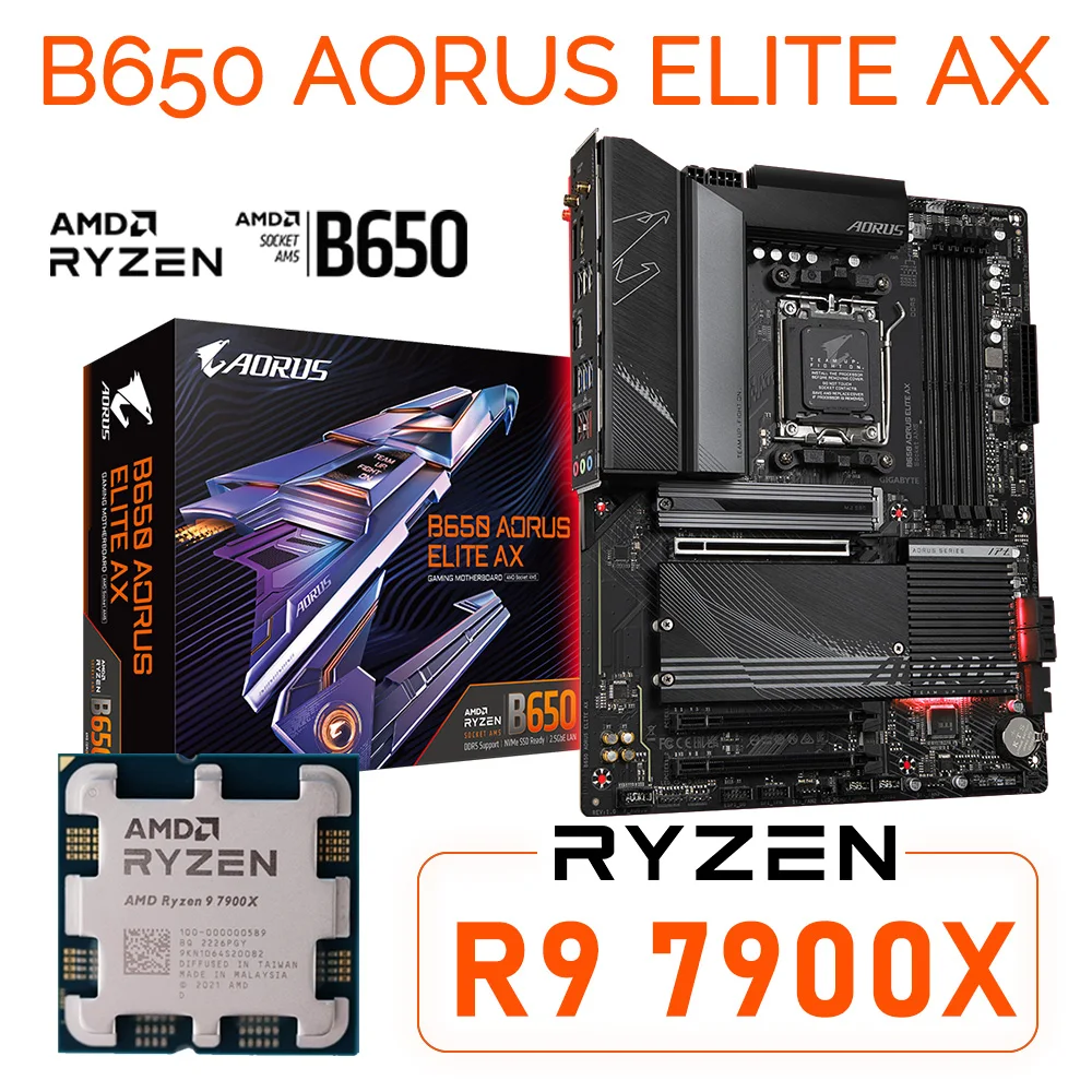 

AM5 Motherboard B650 AORUS ELITE AX AM5 DDR5 + AMD Ryzen 9 7900X Processor AM5 CPU Desktop amd b560 Mainboard Support R9 7900X