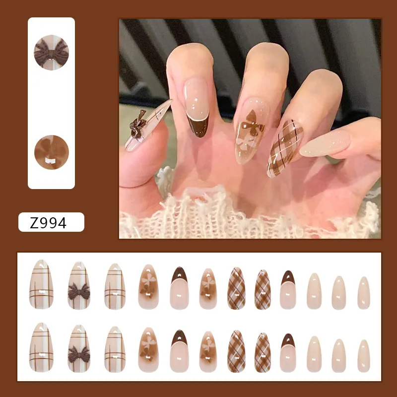 24pcs Brown Bowknot Fake Nail Tips Autumn French Almond Press on Nails Wearable Full Cover Brown Blush Korean Cute False Nails