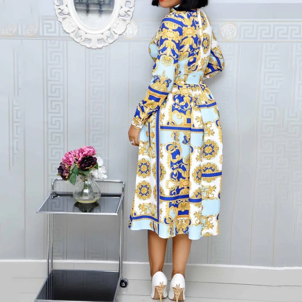 2022 Spring Women Dress African Style Patten Print Vintage Office Ladies OL Clothes A Line Long Sleeve Midi Autumn Dresses Retro