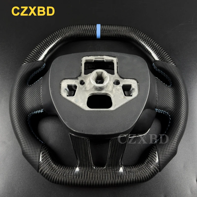 Flat Shape For Ford Focus RS MK3 2015 2016 2017 2018 Glossy Black Carbon Fiber Steering Wheel Blue Marker Sewing Line Customized